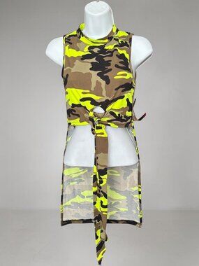 Neon Yellow Camouflage Sleeveless Tie-Front Top & Back Keyhole Detail - Size M n